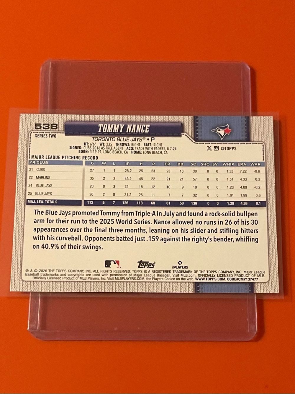 Tommy Nance #538 2026 Topps Series 2 Baseball Trading Card - Picture 2 of 2